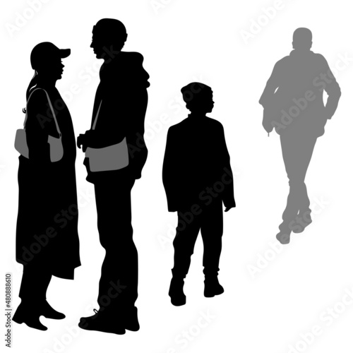 Vector silhouettes of pedestrians. The boy walks towards the man. A girl with a bag on her shoulder is talking to a guy. Isolated on white background closeup.