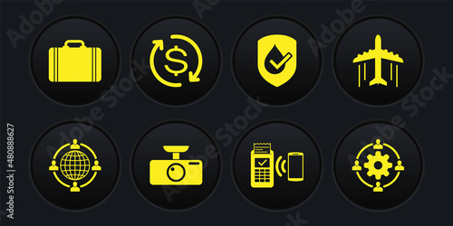 Set Outsourcing concept, Plane, Car DVR, POS terminal, Waterproof and Return investment icon. Vector