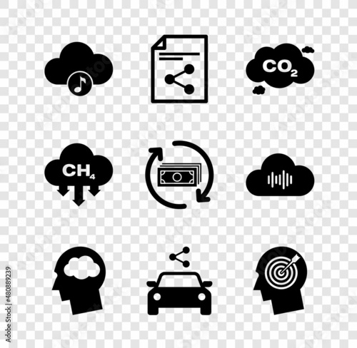 Set Music streaming service, Share file, CO2 emissions cloud, Head silhouette with, Car sharing and hunting concept icon. Vector