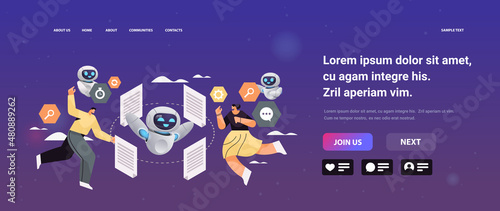 overworked businesspeople and robot helper working with paper documents paperwork deadline artificial intelligence technology