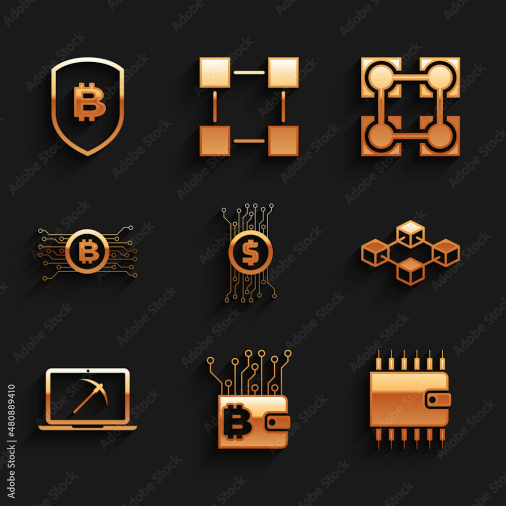 Set Cryptocurrency bitcoin in circuit, wallet, , Blockchain technology, Mining with laptop and pickaxe and icon. Vector Set Cryptocurrency bitcoin in circuit, wallet, , Blockchain technology, Mining with laptop and pickaxe and icon. Vector