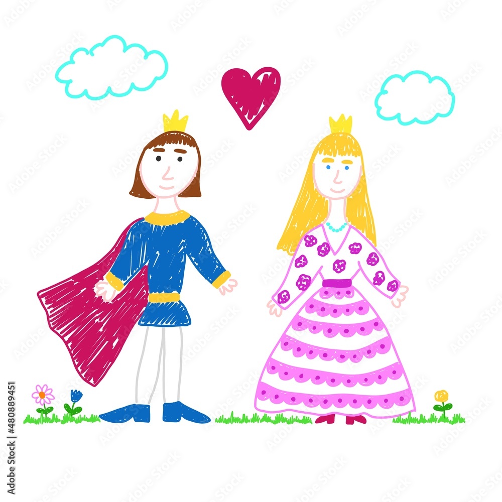 Princess and prince in love. Children's drawing. Fairy tale vector illustration made by child Princess and prince in love. Children's drawing. Fairy tale vector illustration made by child