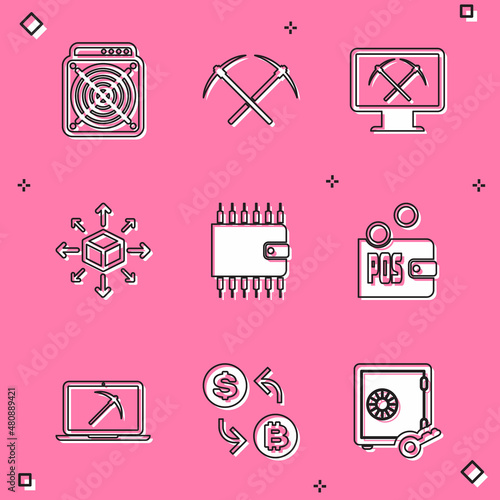 Set ASIC Miner, Crossed pickaxe, Mining with monitor and, Distribution, Cryptocurrency wallet and Proof of stake icon. Vector