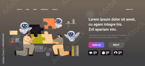 businesspeople with robots helpers putting parts of puzzle together problem solution teamwork artificial intelligence technology