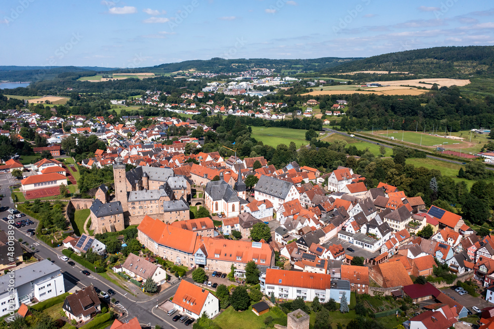 Germany, Hesse, Steinau an der Strasse, Aerial view of Schloss Steinau and surrounding houses in summer Germany, Hesse, Steinau an der Strasse, Aerial view of Schloss Steinau and surrounding houses in summer