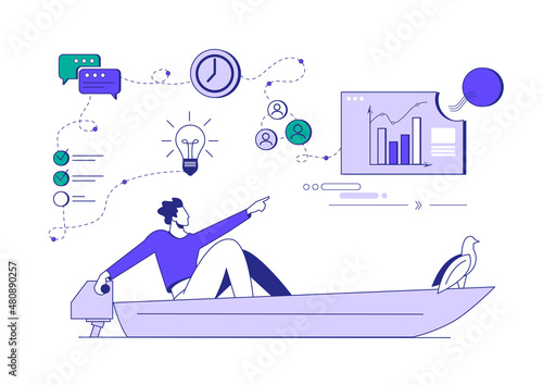 Business leadership and visionary to lead company success, career direction or work achievement concept. Businessmen in boat sailing in the direction of success