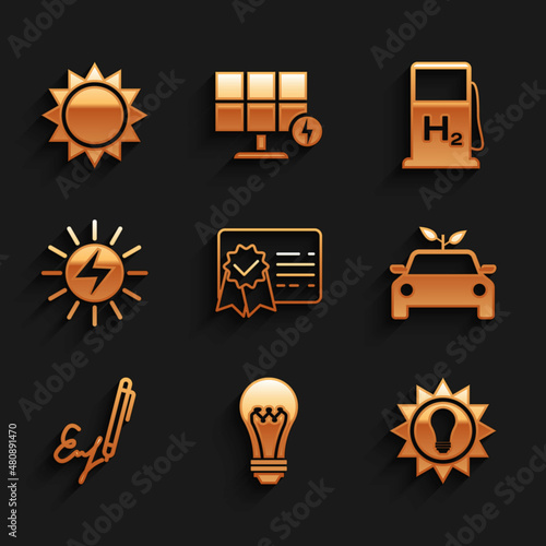 Set Certificate template, Light bulb, Solar energy panel, Eco car concept drive, Signature, Hydrogen filling station and Sun icon. Vector