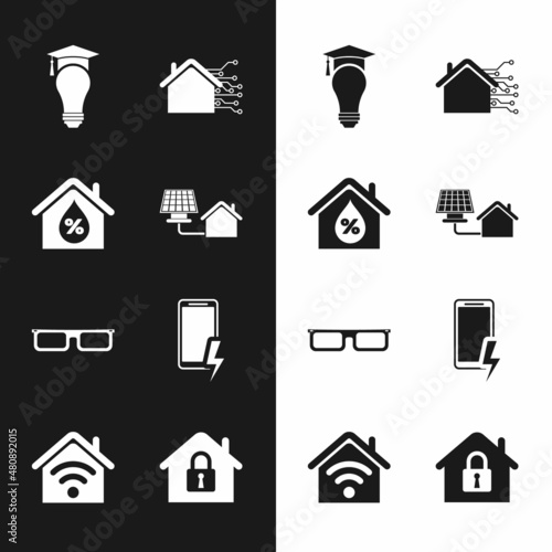 Set House with solar panel, humidity, Light bulb and graduation cap, Smart home, Glasses, Mobile charging battery, under protection and wi-fi icon. Vector