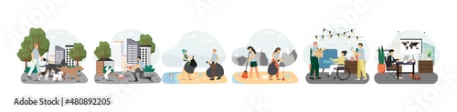 Volunteers walking, feeding stray dogs, cleaning up beach trash, buying food for people with disabilities, vector.