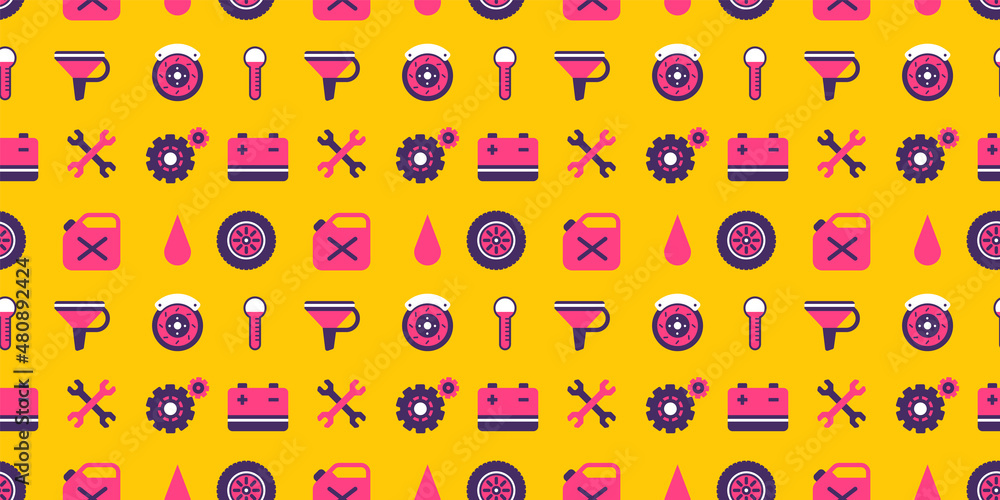 Vector horizontal bright illustration of different car equipment on yellow color background. Flat line art style design of car part seamless pattern Vector horizontal bright illustration of different car equipment on yellow color background. Flat line art style design of car part seamless pattern