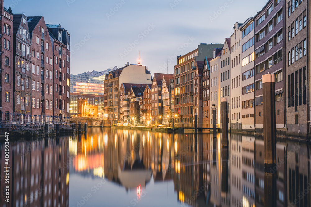 Germany, Hamburg, Nikolaifleet canal at dusk Germany, Hamburg, Nikolaifleet canal at dusk