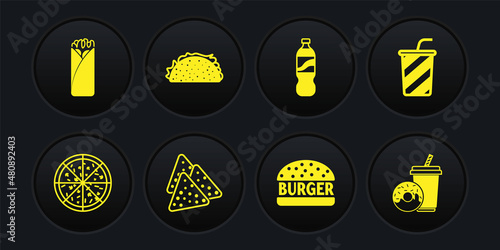 Set Pizza, Glass with water, Nachos, Burger, Bottle of, Taco tortilla, Soda drink donut and Burrito icon. Vector