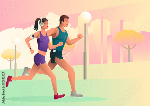 Couple jogging and running outdoors in the park