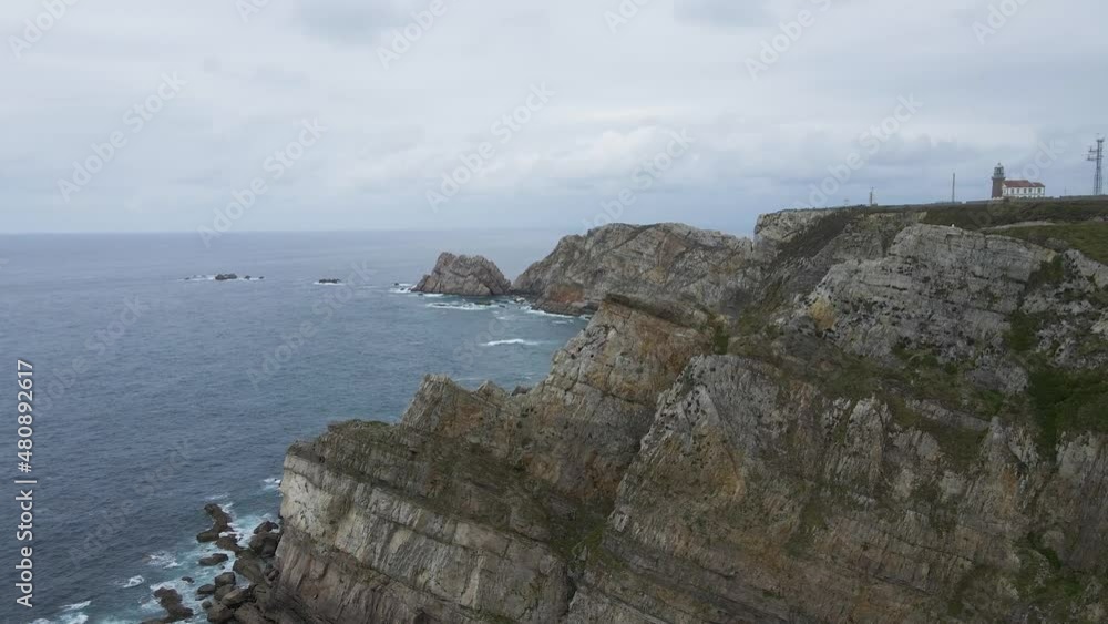 Aerial view of Asturias coastline. Drone shot of sea, cliff, rocks and the Atlantic ocean in Spain. Aerial view of Asturias coastline. Drone shot of sea, cliff, rocks and the Atlantic ocean in Spain.