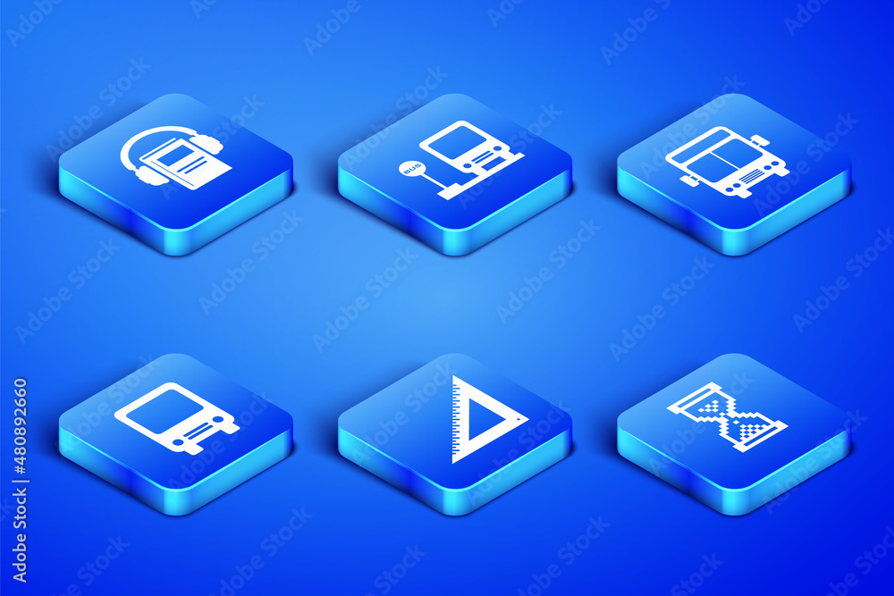 Set Hourglass pixel, Audio book, Triangular ruler, Bus, stop and icon. Vector Set Hourglass pixel, Audio book, Triangular ruler, Bus, stop and icon. Vector