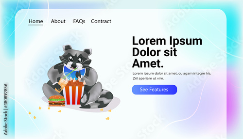 funny raccoon with fast food take away animal with junk food horizontal copy space