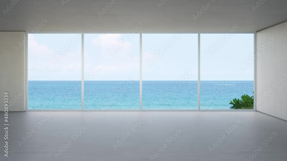 Glass window near blank wall on empty concrete floor of large living room in modern house or luxury hotel. Minimal home interior 3d rendering with beach and sea view. Glass window near blank wall on empty concrete floor of large living room in modern house or luxury hotel. Minimal home interior 3d rendering with beach and sea view.