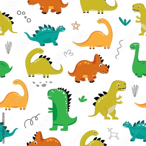 Fototapeta Naklejka Na Ścianę i Meble -  Seamless pattern with funny dinosaurs on a white background. Use for textiles, packaging paper, posters, backgrounds, decoration of children's parties. Vector illustration