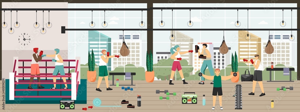 Boxing combat sport scene set. Boxers training, fighting. Boxing match in fight ring, gym workout, vector illustration.