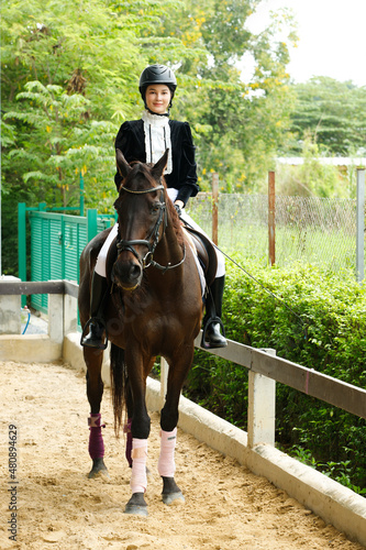 Young 20s Asian woman in horse riding suit with beautiful animal outdoors. Female ride tall smart