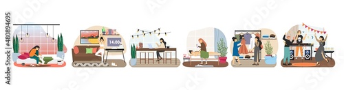 Woman daily life, routine, leisure. Girl playing with dog, working, shopping, training, dancing at night party, vector.