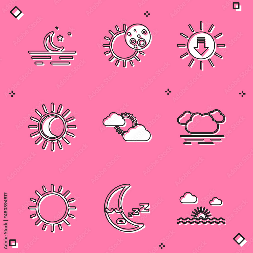 Set Moon and stars, Eclipse of the sun, Sunset, cloud weather, Cloud, and icon icon. Vector