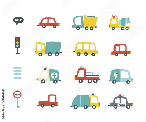 Cartoon baby cars set. Collection of simple doodle vehicle. Bundle of cute abstract childish transport.