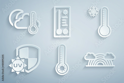 Set Meteorology thermometer, UV protection, Rainbow with clouds, and Thermometer and cloud, moon icon. Vector