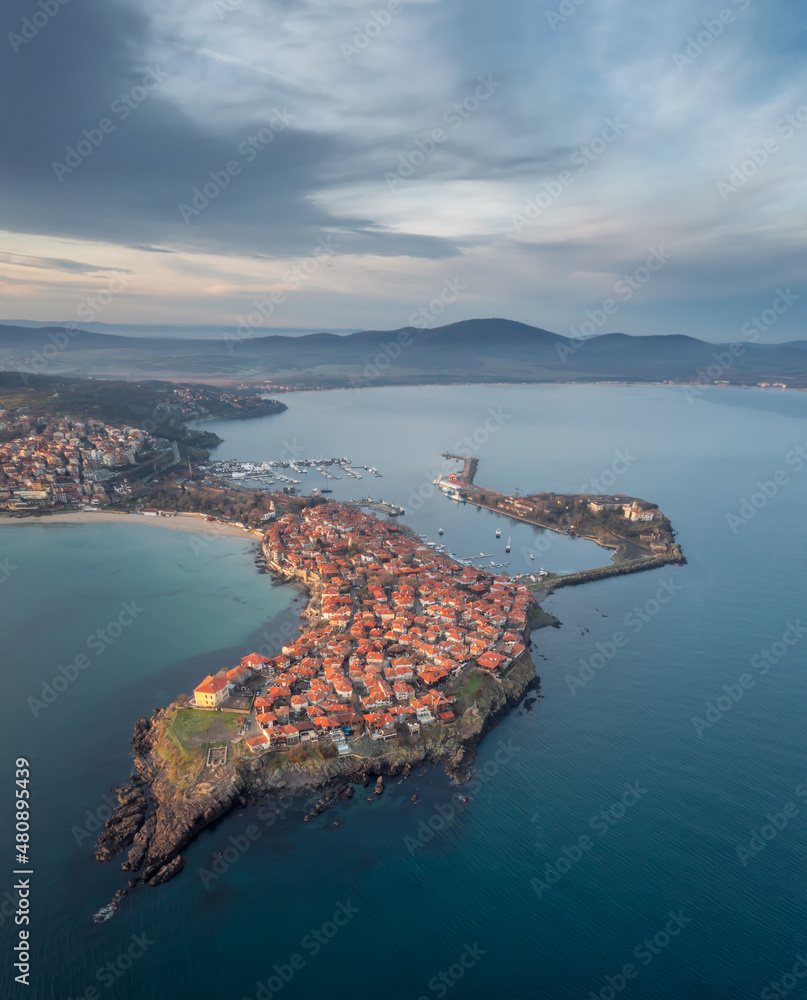 Aerial picturesque morning view of the old town of Sozopol in Bulgaria. An ancient seaside town, one of the major seaside resorts in the country.