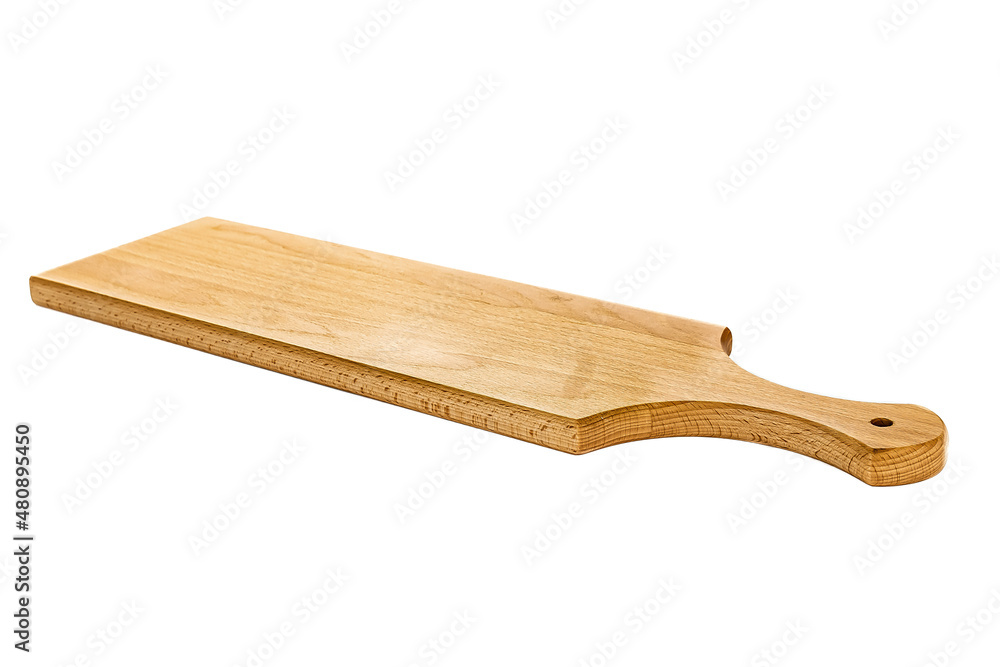 Old stained clean empty rectangular wooden cutting board isolated on white in an oblique low angle view for food placement Old stained clean empty rectangular wooden cutting board isolated on white in an oblique low angle view for food placement
