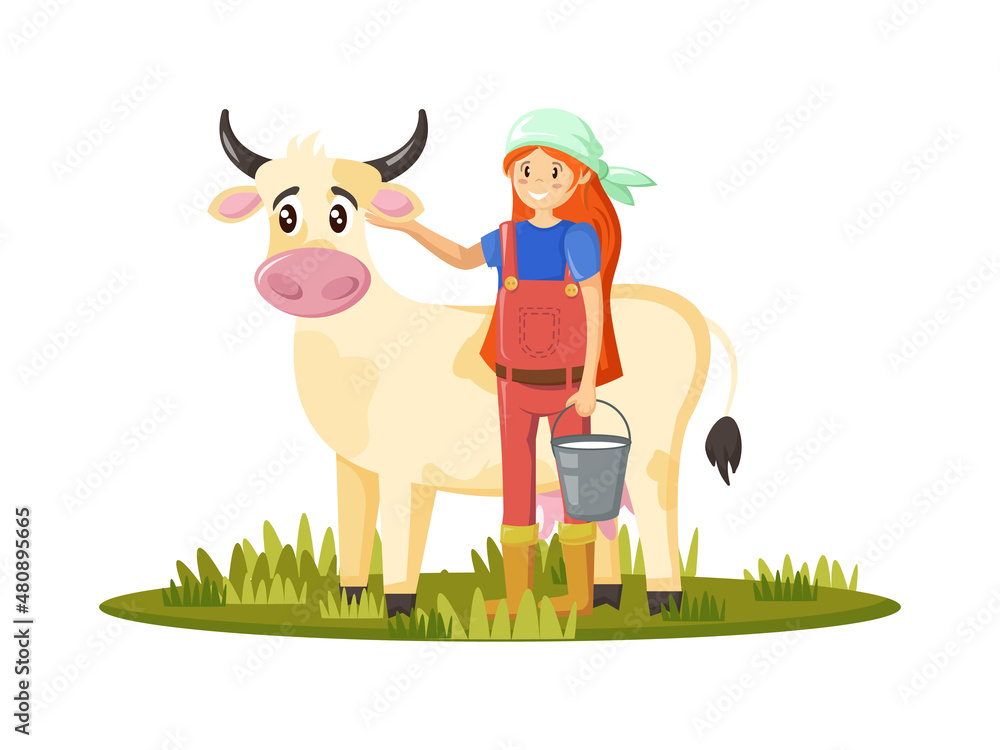 Woman milkmaid with cow, collects milk. Agronomist engaged in household.