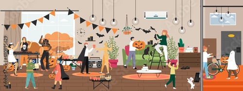 Halloween party preparation and celebration scene set, vector illustration. Home decoration, dance party, trick or treat