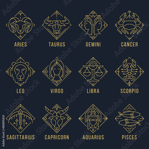 12 horoscope symbol - line border zodiac icon diamond shape collection vector design