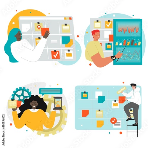 Agile software development characters, vector illustration. kanban task board, agile project management, kanban method.
