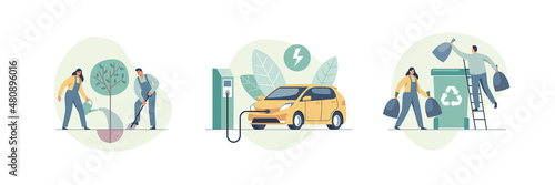 Environmental care concept. Waste pollution and recycling problem, nature care, green energy. Use clean green energy from renewable sources. Vector illustration.