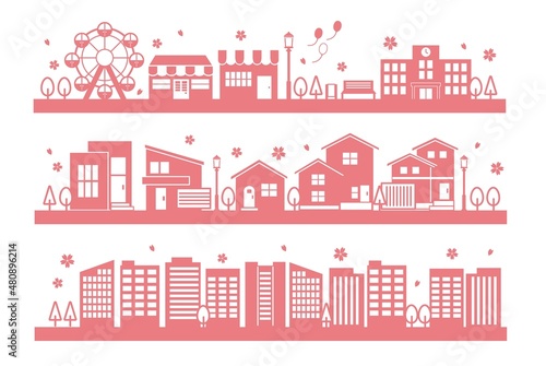 シンプルでかわいい春と桜の街並みのシルエットのベクターイラスト素材／ビル／家／春