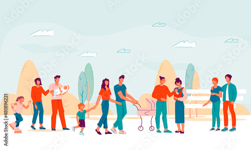City park with families walking together, flat vector illustration. Park in the city with people - parents and children walking on weekends. Family spare time and joint rest.