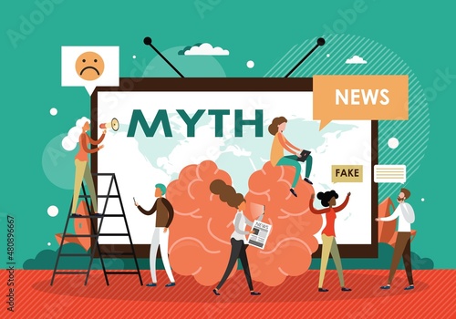 Myth, fake news and facts, vector illustration. People read false news from newspaper, social media, watch tv programs. photo