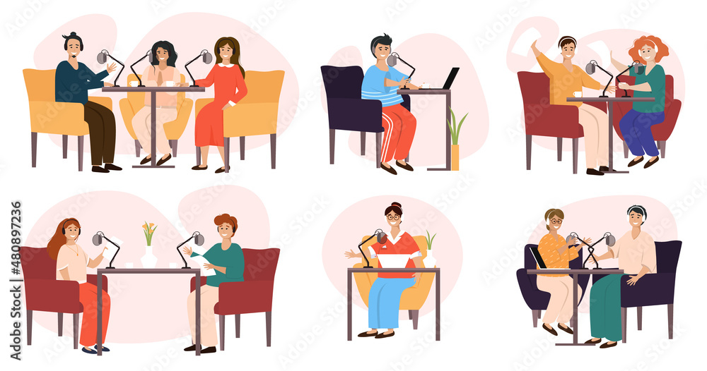 Live streaming, broadcast flat vector illustration. Male and female social media network bloggers collaboration. Online broadcast or recording of interviews. People collection of scenes