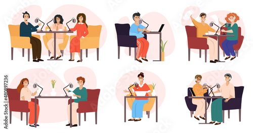 Live streaming, broadcast flat vector illustration. Male and female social media network bloggers collaboration. Online broadcast or recording of interviews. People collection of scenes © SERHII