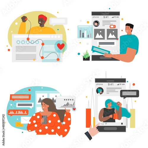 People use social networks to sell, promote business, vector illustration. SMM, social media marketing, brand management