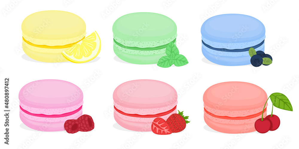 Set of different colorful macaroons. French pastry macaron. Highly detailed collection dessert, macaroon, sweets, menu design Set of different colorful macaroons. French pastry macaron. Highly detailed collection dessert, macaroon, sweets, menu design