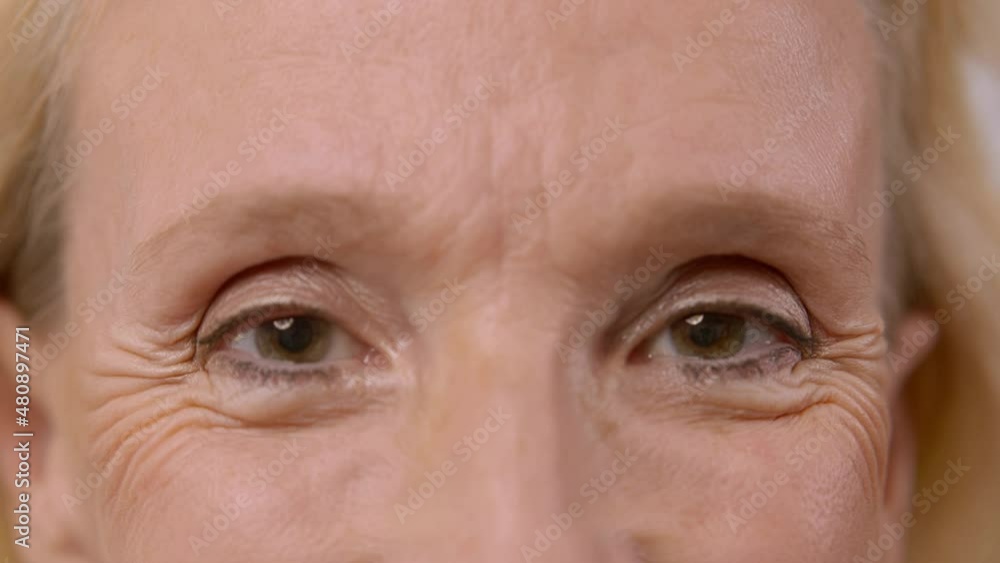 Close-up portrait of mature woman looking at camera. Eye sight close up. Realtime Close-up portrait of mature woman looking at camera. Eye sight close up. Realtime