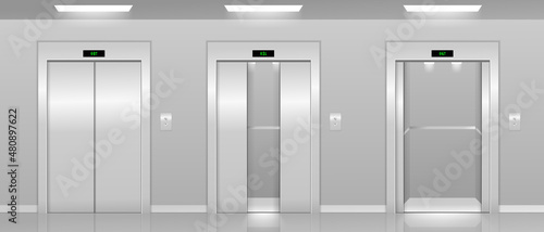 Realistic 3d Detailed Elevator with Opened and Closed Metal Doors Modern Interior Office or Hotel. Vector realistic empty lobby interior with lift