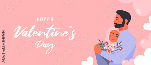 Happy valentines day banner with muslim couple and hearts. Vector flat illustration