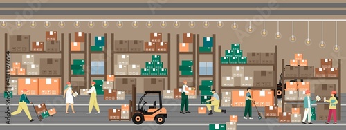 Storekeeper, loaders, forklift operator work in merchandise warehouse. Storage, distribution, shipping of goods, vector.