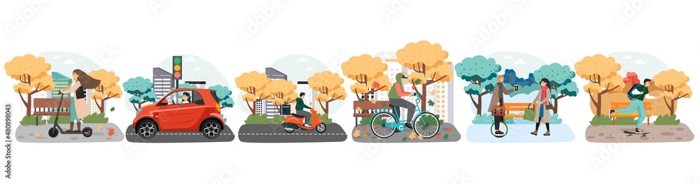 City eco friendly transport set. Electric scooter, car, bicycle, skateboard, motor scooter, unicycle vector illustration