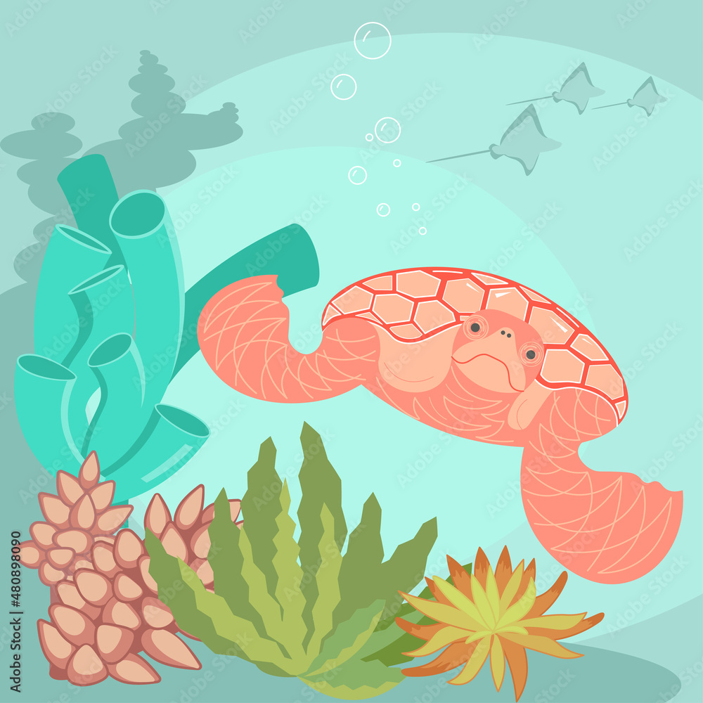 Obraz premium Sea turtle is swimming on the beautiful coral reef