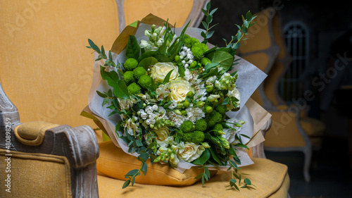 Photo of a bouquet of flowers in a beautiful package.