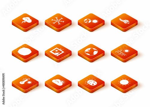 Set Meteorology thermometer, Sun and cloud, Moon, Weather forecast, Eclipse of sun, Earth globe, and Drought icon. Vector